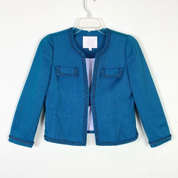 Rebecca Taylor Teal Silk Blend Tweed Chain Accent Blazer Jacket - Picture 1 of 9